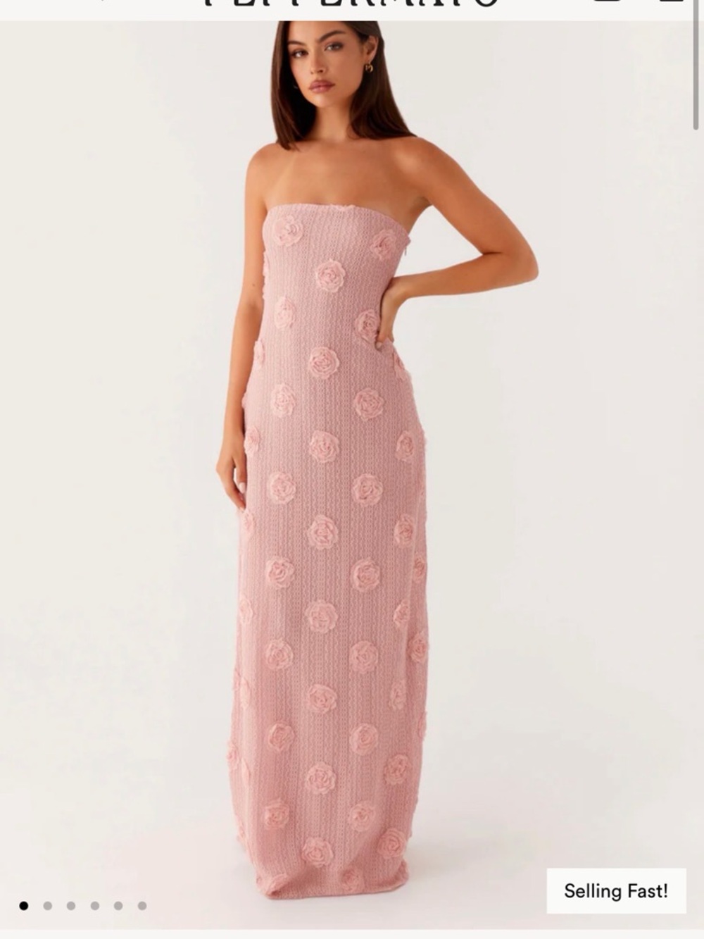 Peppermayo Blush Pink Strapless Floral Appliqué Maxi Dress